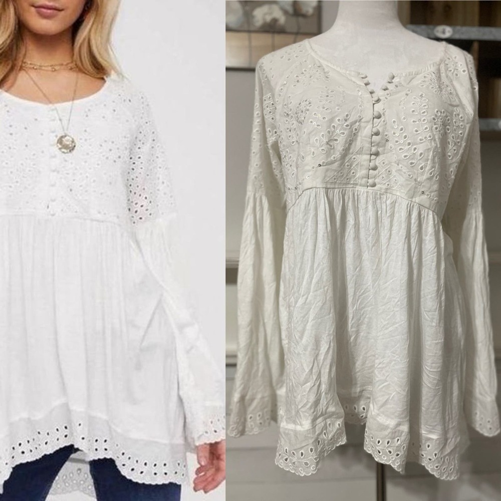 Free People Sea of Love Blouse Ivory NWOT Boho Eyelet Bell Sleeve - Picture 2 of 11